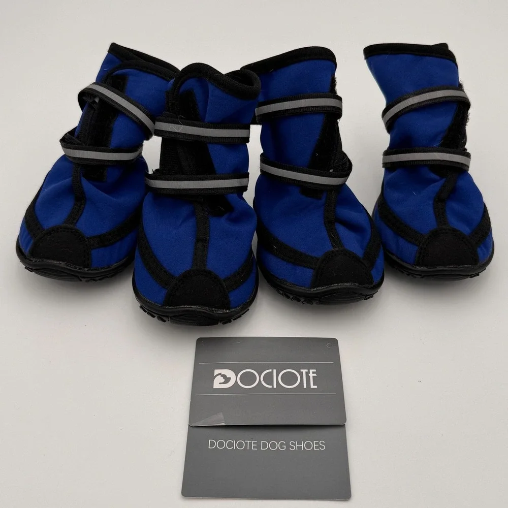 Dociote Dog Shoes Blue Black Reflective Straps Anti-Slip Sole Size L Set of 4‎